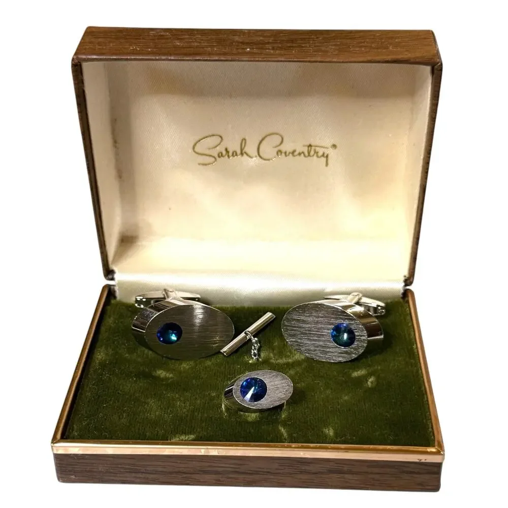Vintage Sarah Coventry Cufflinks and Tie Pin Mens Silver Tone Blue Glass Jewel